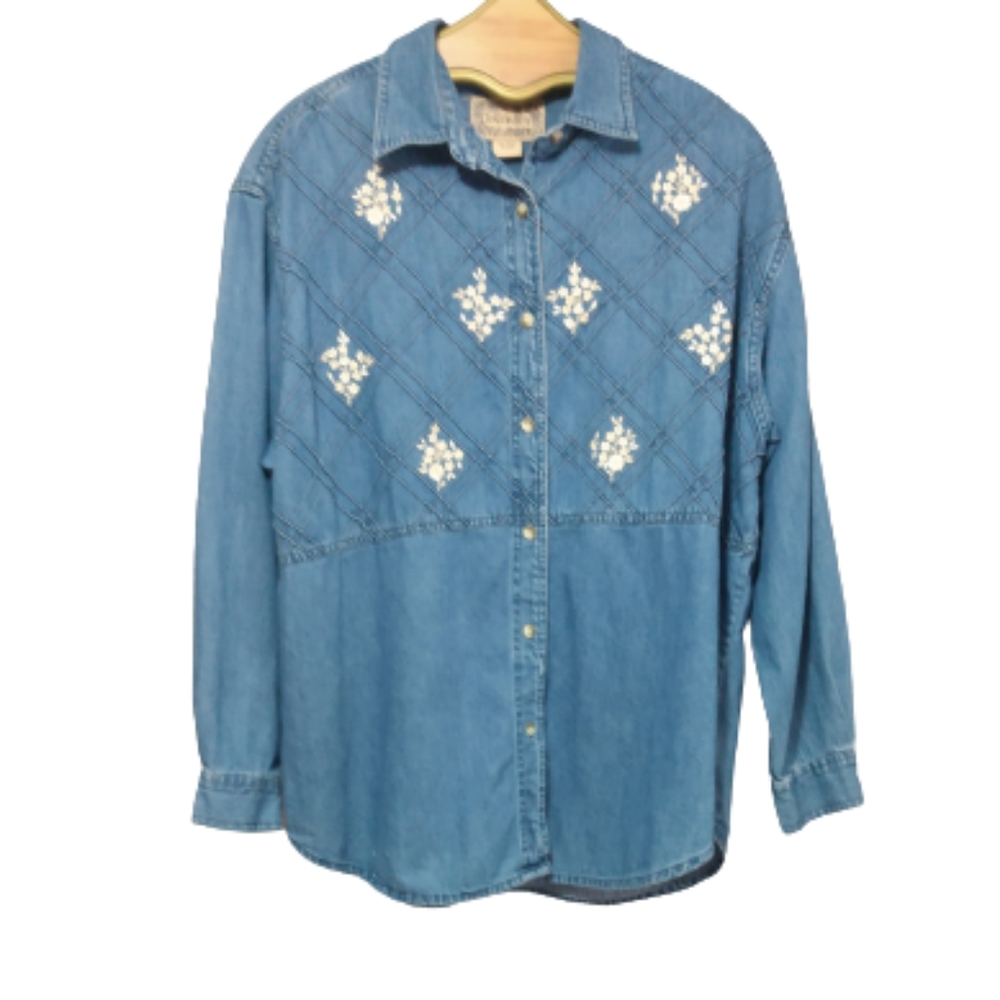 Tantrum Blues Blue Floral Embroidered Denim Blouse L